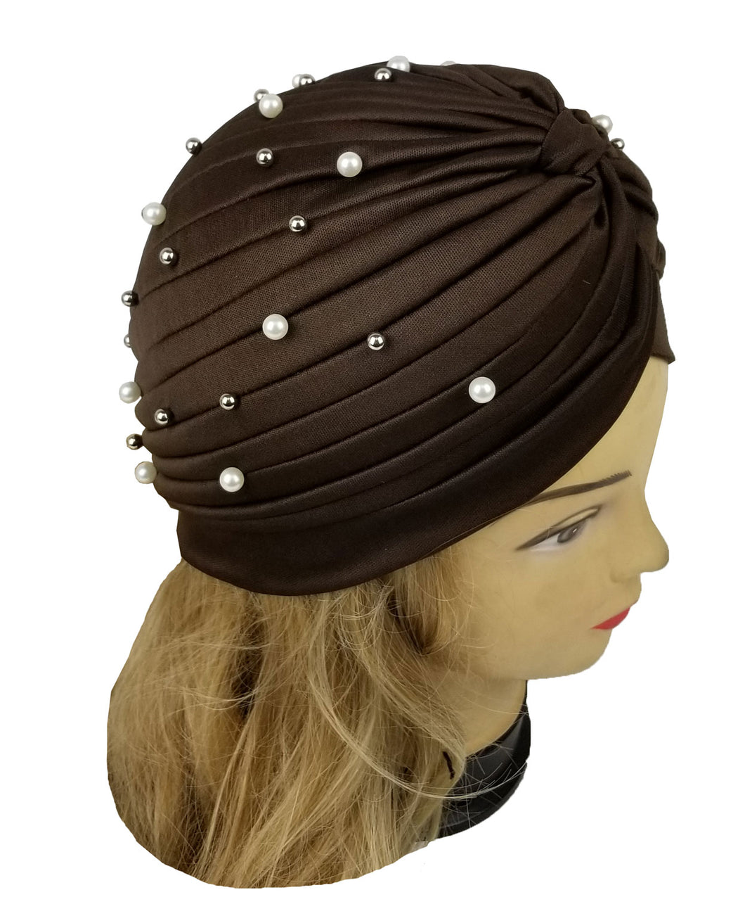 Pearl Beads Stretchy Turban Head Wrap Band Women Chemo Pleated Indian Cap Hat
